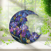 Crescent Moon Iris Acrylic Suncatcher, Stained Glass Style Blue Purple Floral Window Hanging, Elegant Flower Home Decor Gift